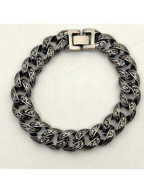 Men's Vintage Stainless Steel Curb Chain Bracelet Tribal Tattoo Etched Design